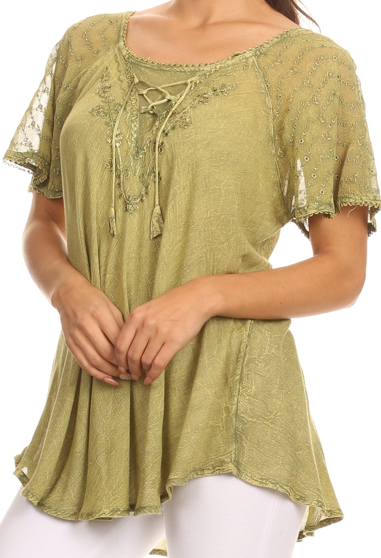 Sakkas Ellie Sequin Embroidered Cap Sleeve Scoop Neck Relaxed Fit Blouse