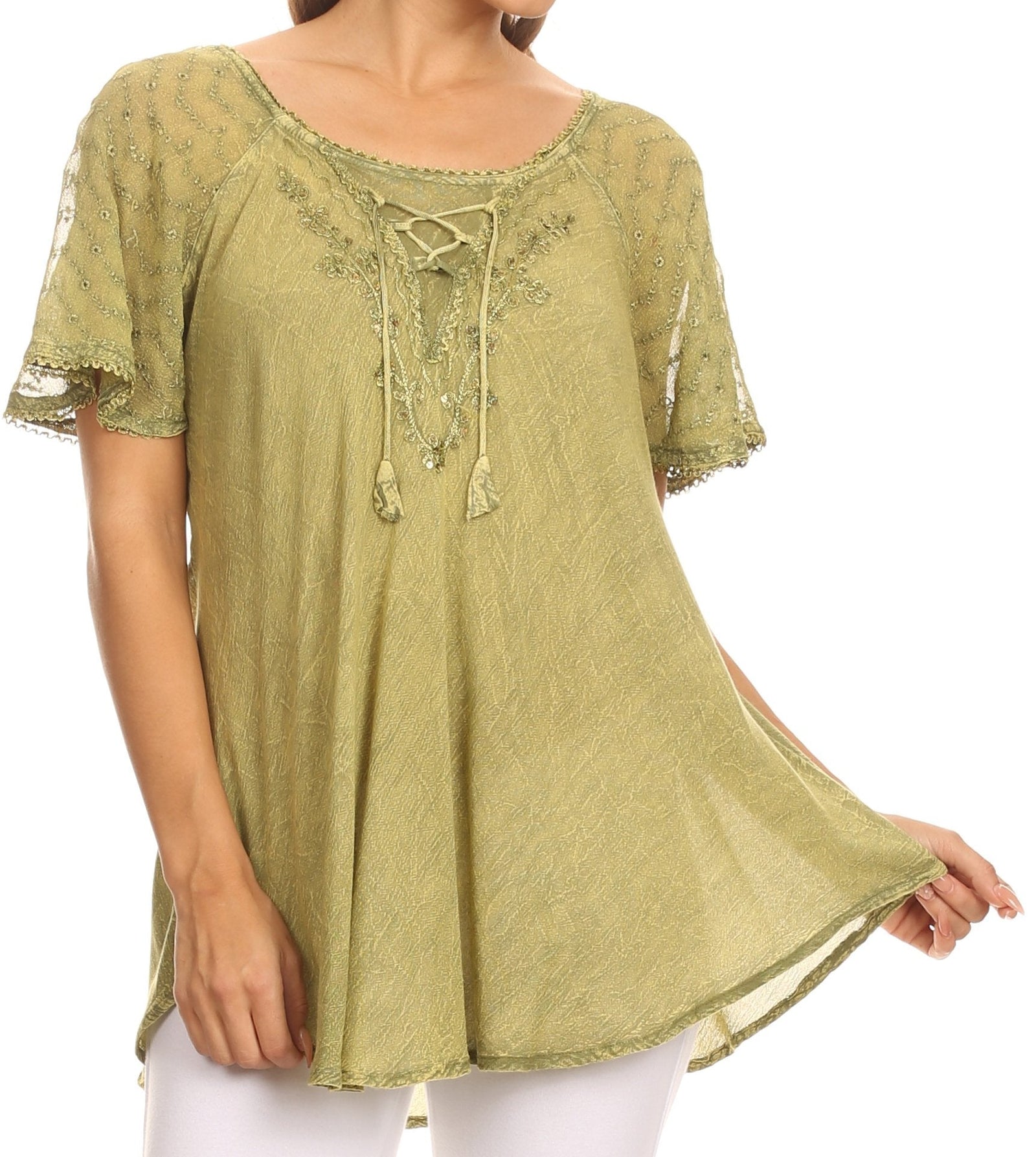 Sakkas Ellie Sequin Embroidered Cap Sleeve Scoop Neck Relaxed Fit Blouse