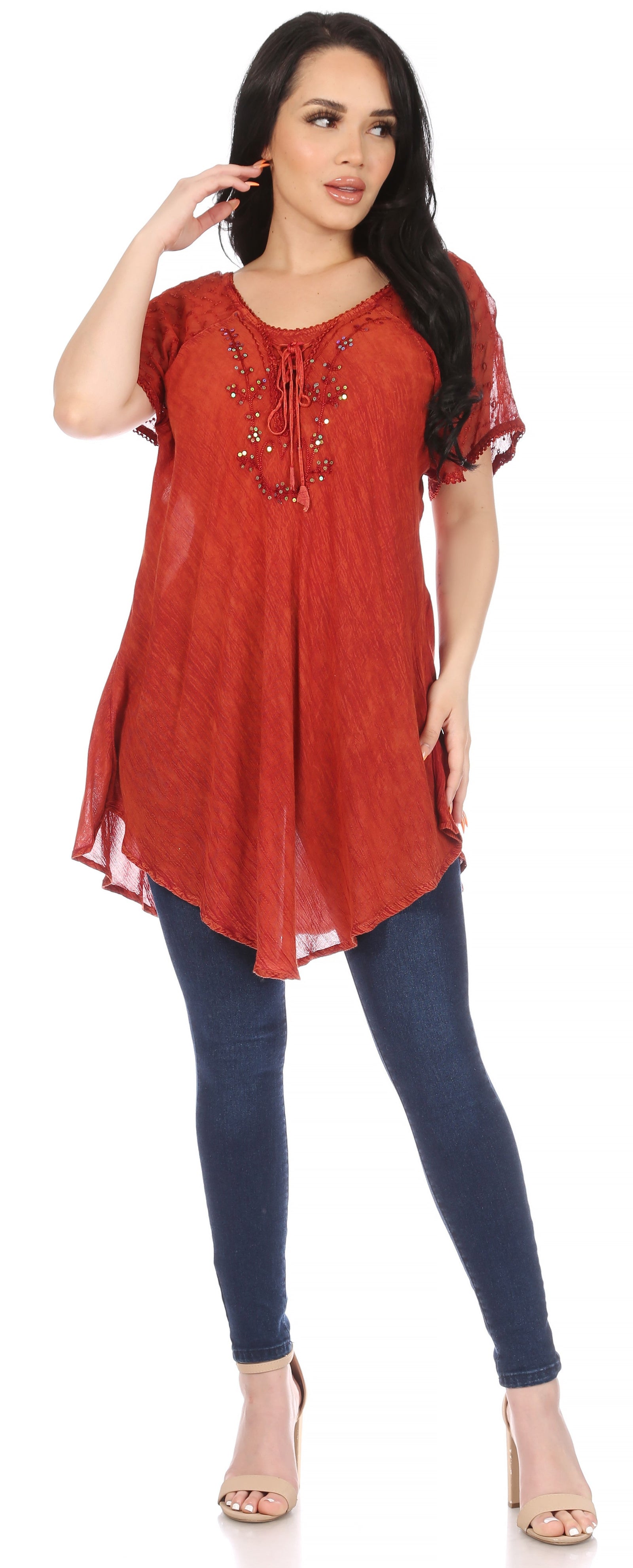 Sakkas Ellie Sequin Embroidered Cap Sleeve Scoop Neck Relaxed Fit Blouse