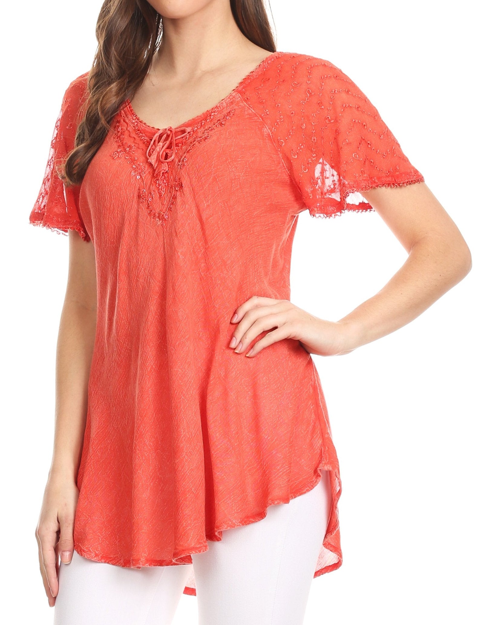 Sakkas Ellie Sequin Embroidered Cap Sleeve Scoop Neck Relaxed Fit Blouse