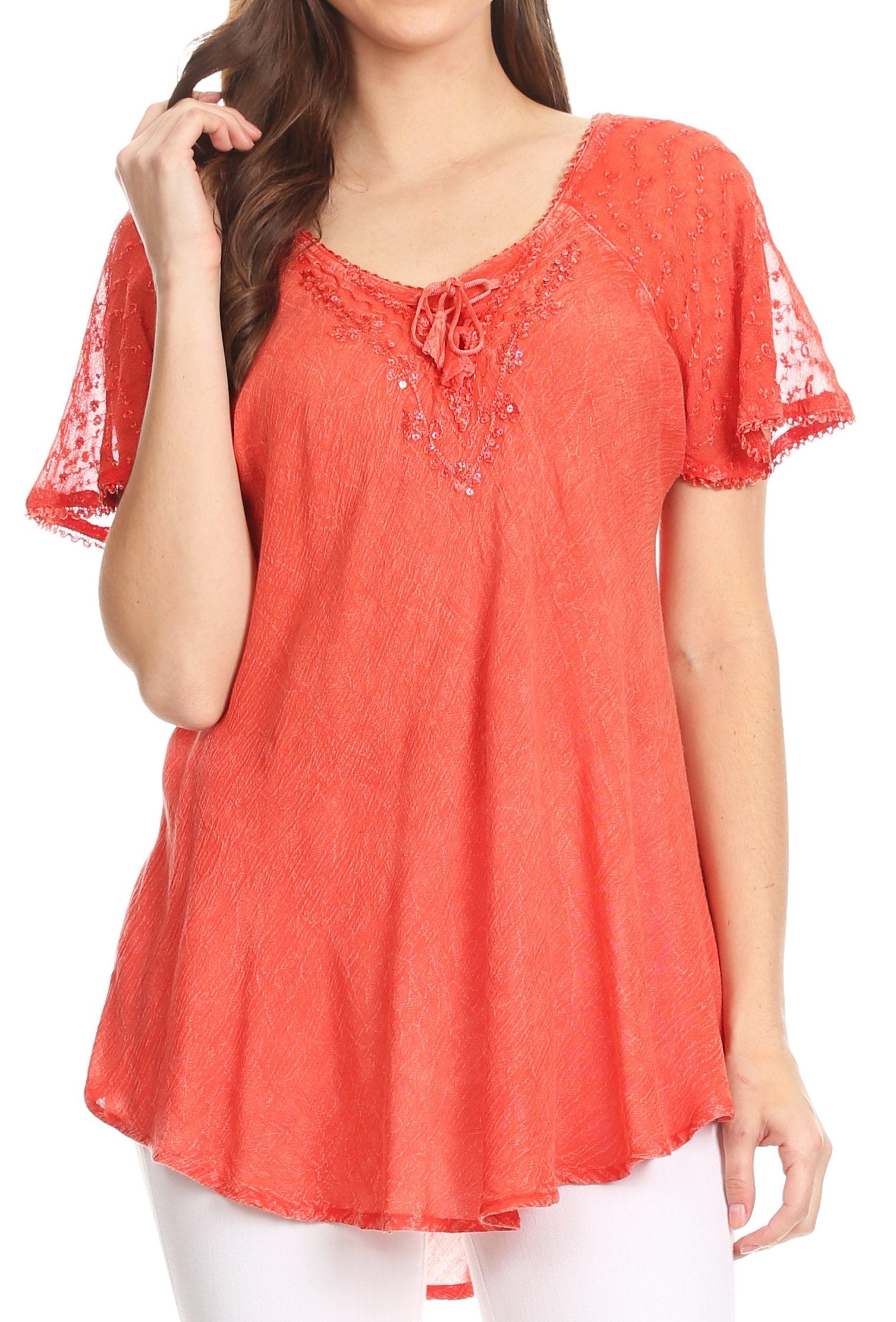 Sakkas Ellie Sequin Embroidered Cap Sleeve Scoop Neck Relaxed Fit Blouse