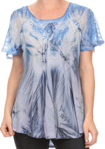 Sakkas Taylay Ombre Tie Dye Batik Long Embroidered Corset Neck Blouse Shirt Top