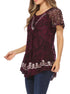 Sakkas Ash Speckled Tiedye Embroidered Cap Sleeve Blouse Top With Embroidery Hems