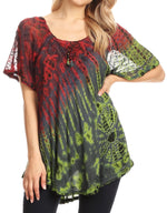 Sakkas Splenka Long Tie Dye Embroidered Corset Neck Cap Sleeve Blouse Shirt Top