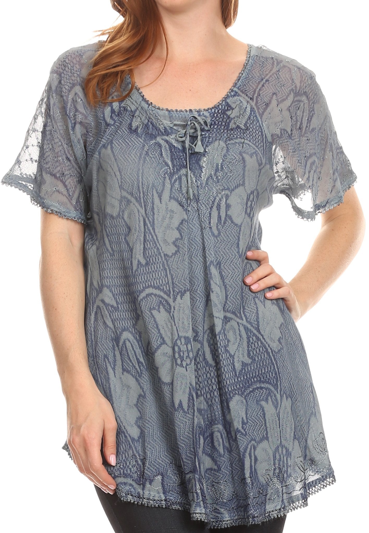 Sakkas Maliky Wide Corset Neck Floral Embroidered Cap Sleeve Blouse Top Shirt