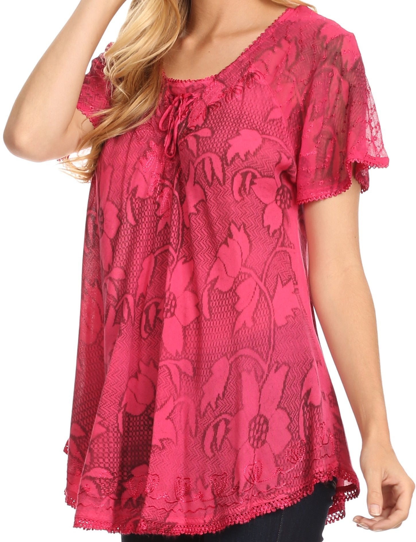 Sakkas Maliky Wide Corset Neck Floral Embroidered Cap Sleeve Blouse Top Shirt