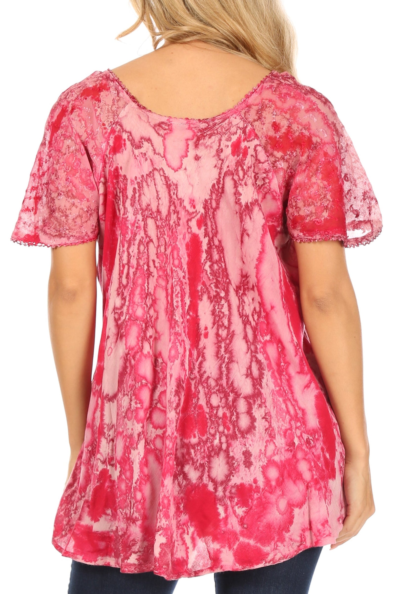 Sakkas Celia Marble Batik Short Sleeve Blouse/Top with Embroidery and Crochet