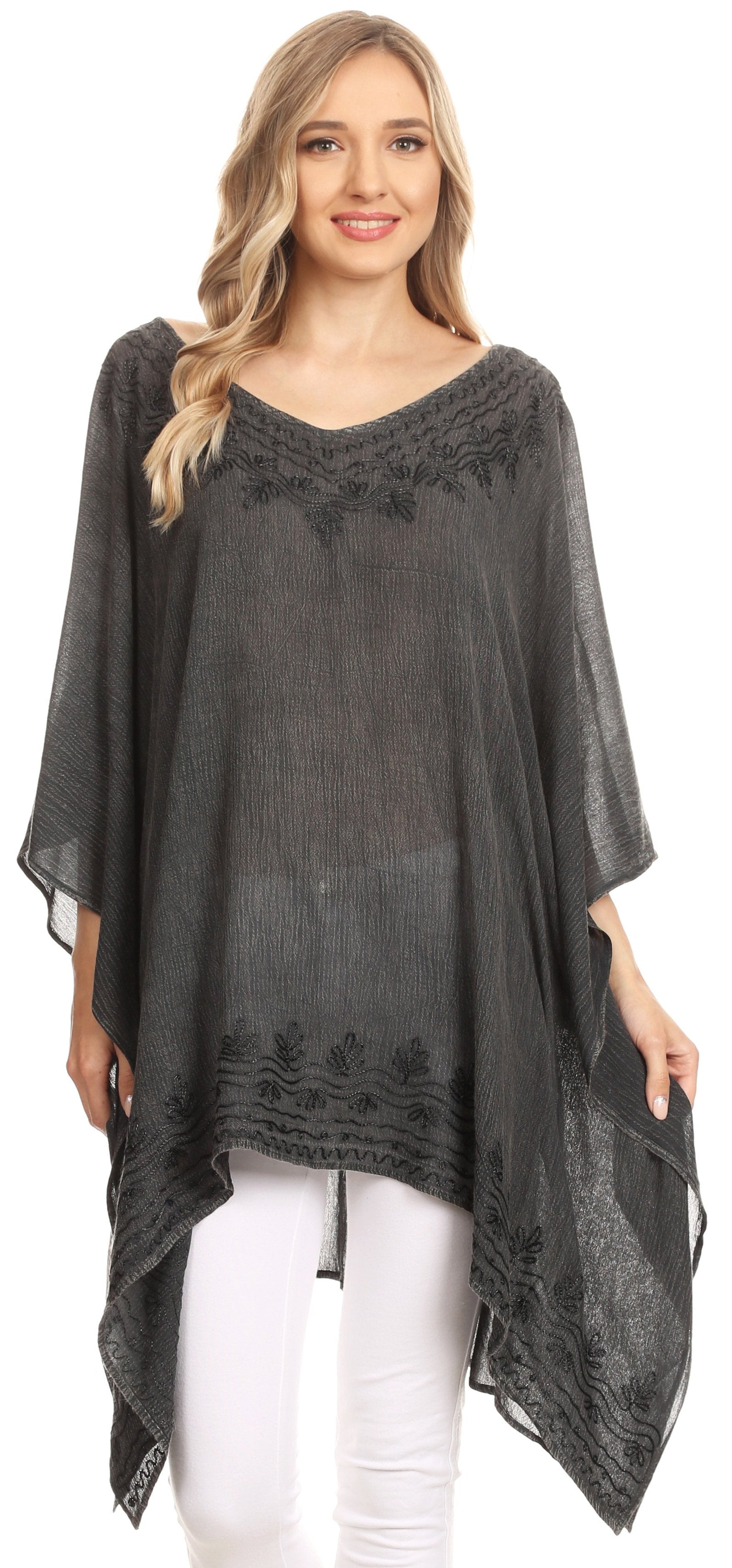 Sakkas Regina Women's Lightweight Stonewashed Poncho Top Blouse Caftan Cover up