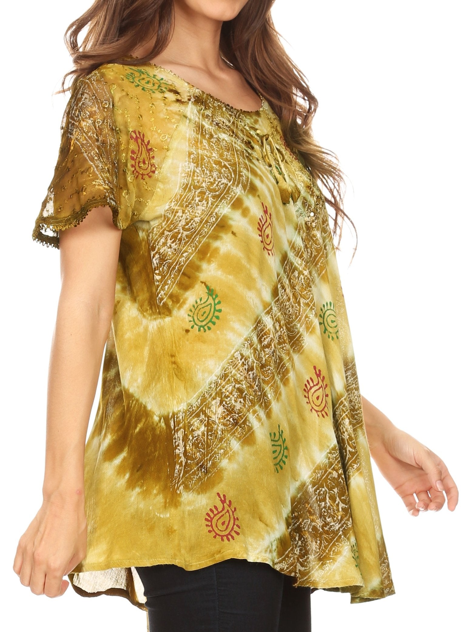 Sakkas Flavia Womens Everyday Blouse Top with Tie-dye & Block Print Light and Soft