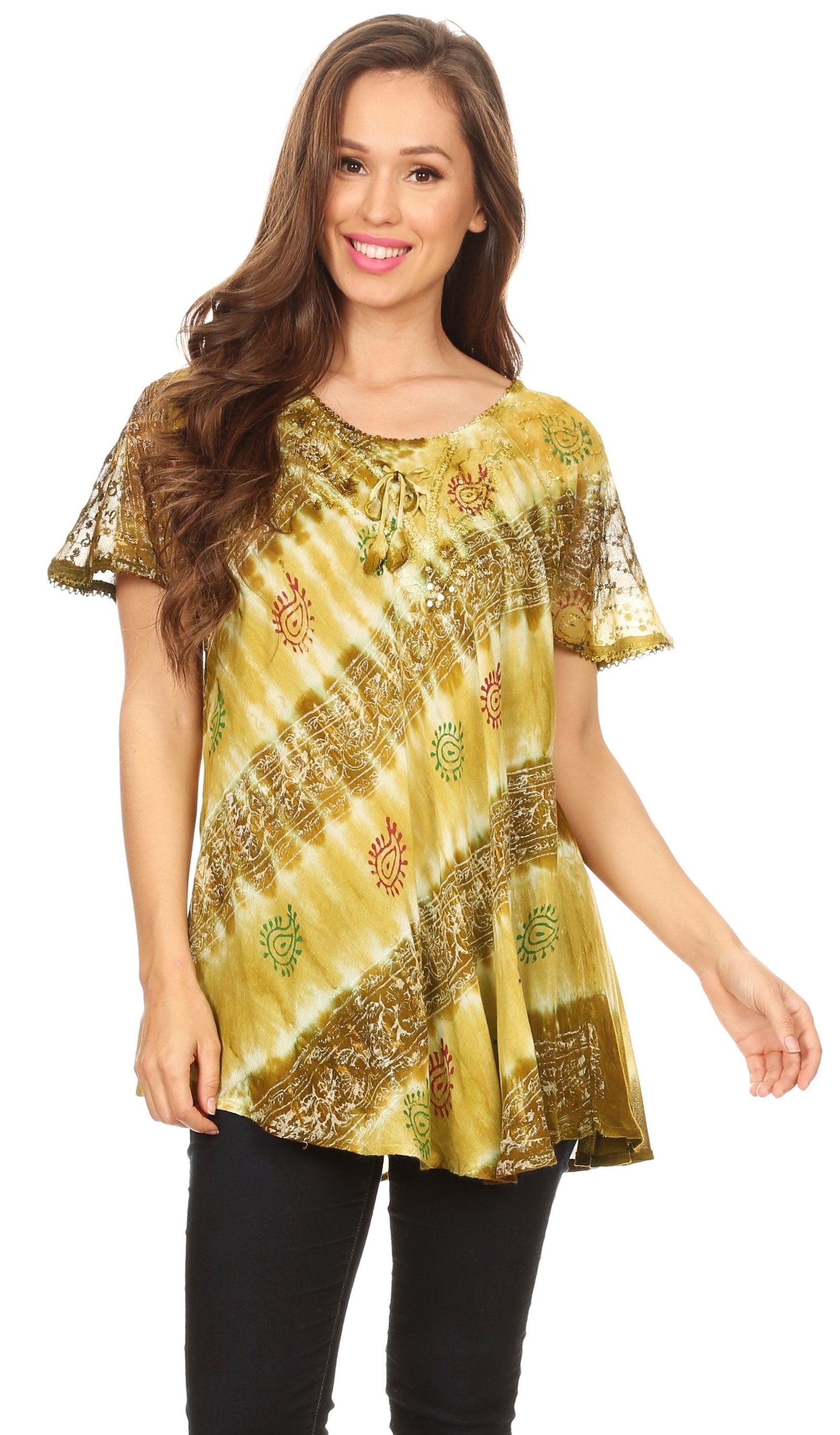 Sakkas Flavia Womens Everyday Blouse Top with Tie-dye & Block Print Light and Soft