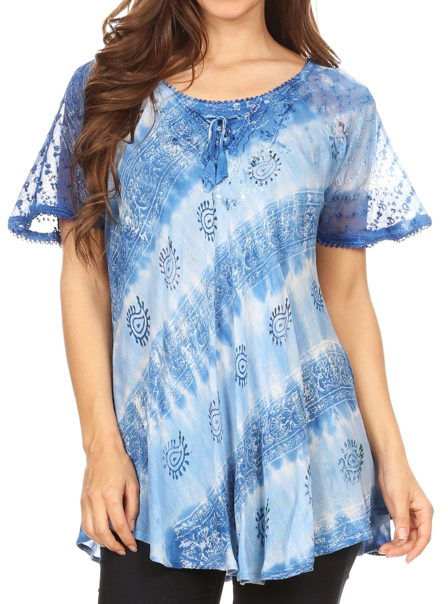 Sakkas Flavia Womens Everyday Blouse Top with Tie-dye & Block Print Light and Soft
