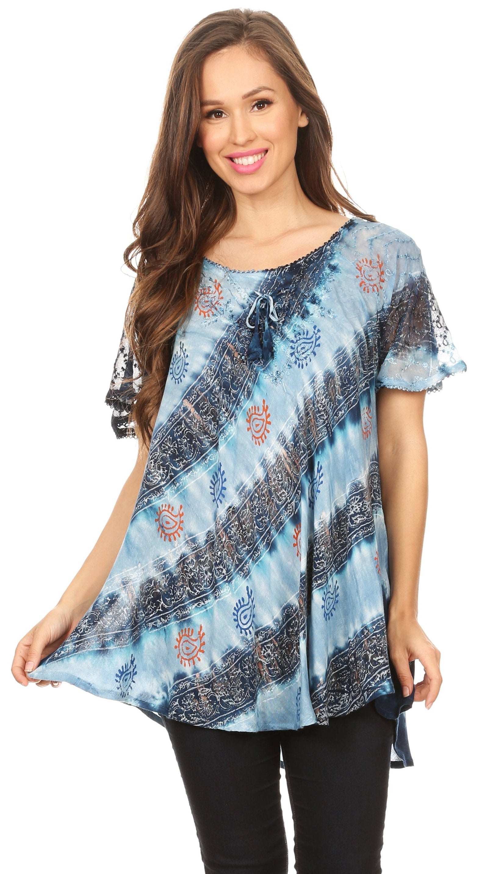Sakkas Flavia Womens Everyday Blouse Top with Tie-dye & Block Print Light and Soft
