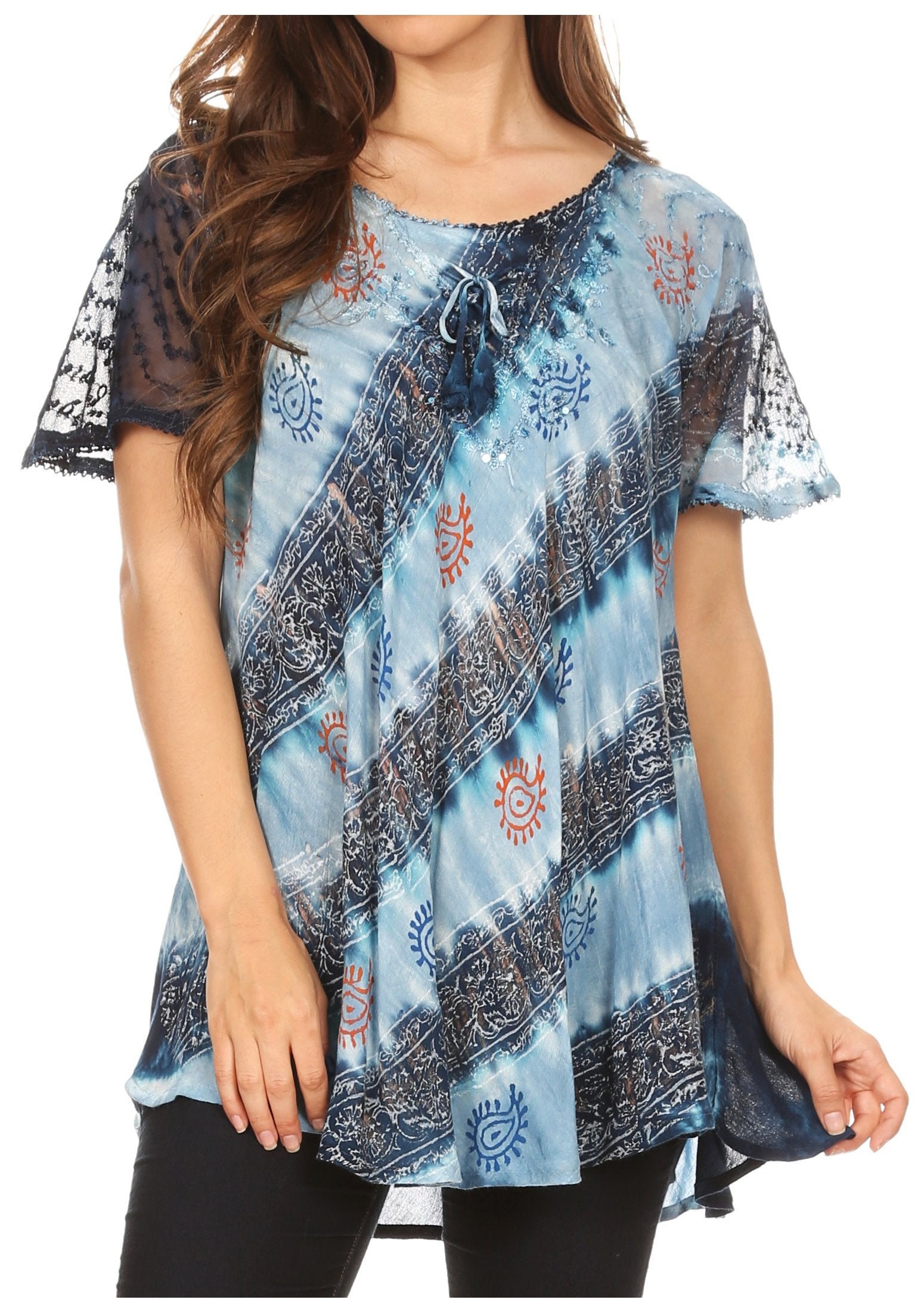 Sakkas Flavia Womens Everyday Blouse Top with Tie-dye & Block Print Light and Soft