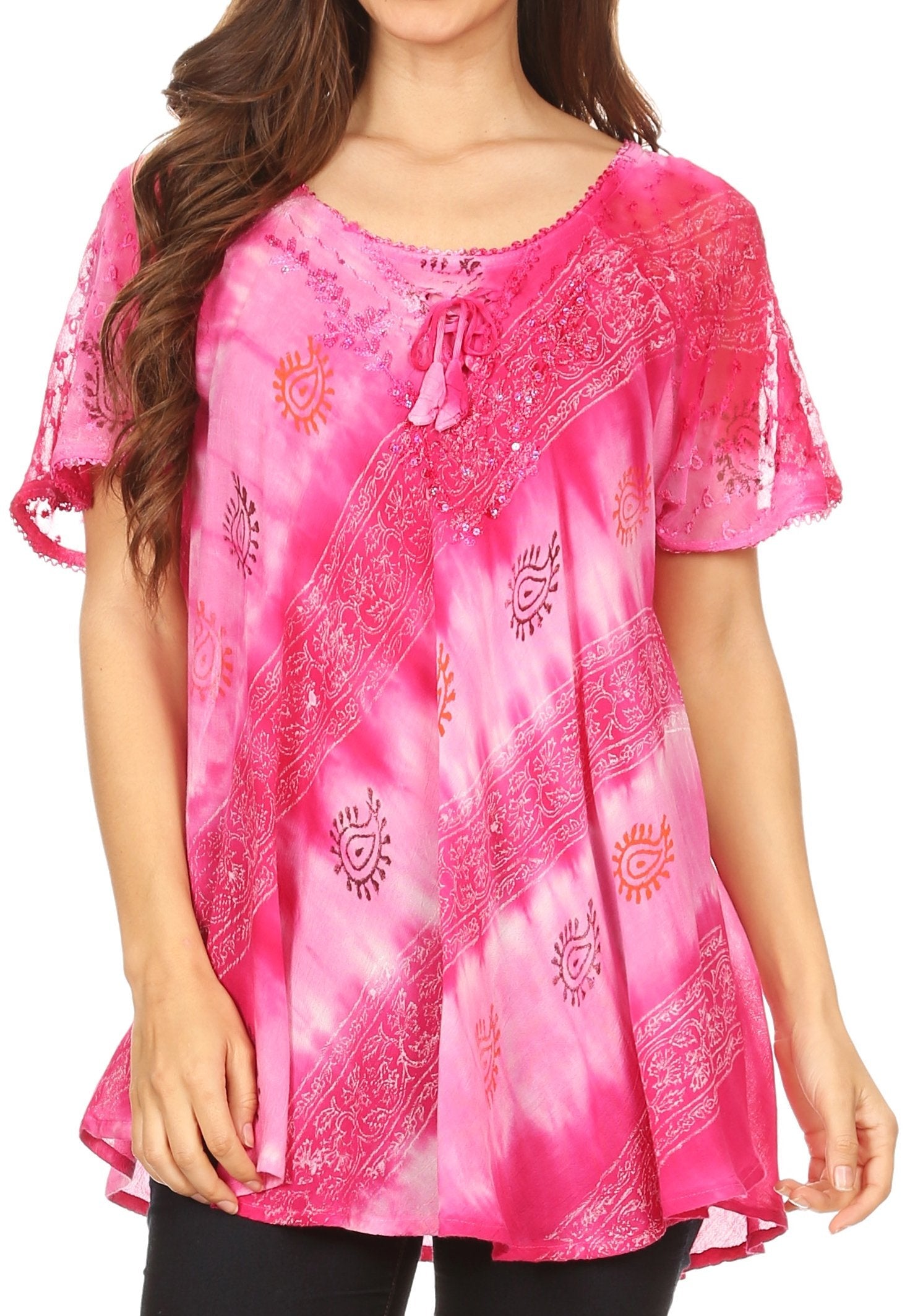 Sakkas Flavia Womens Everyday Blouse Top with Tie-dye & Block Print Light and Soft