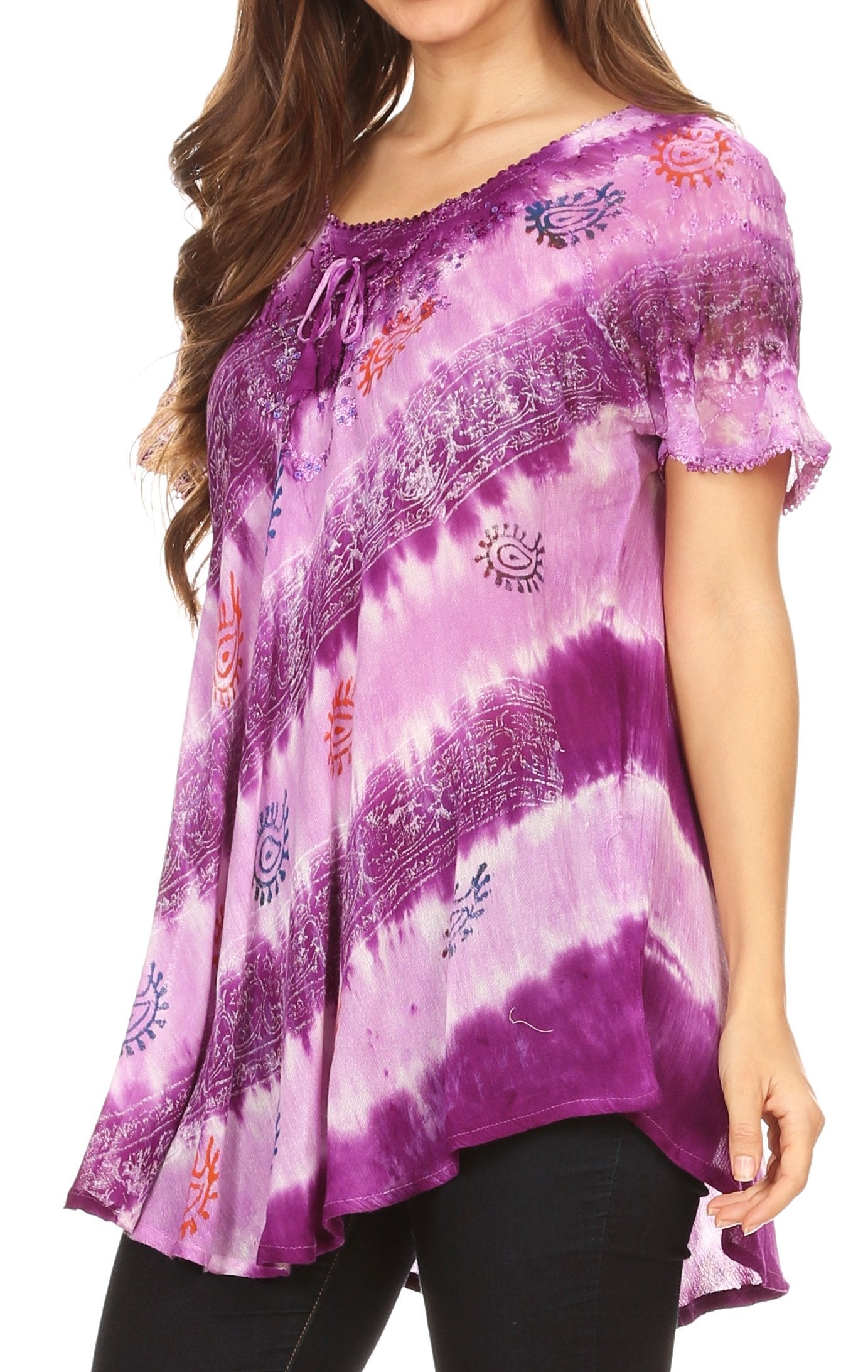 Sakkas Flavia Womens Everyday Blouse Top with Tie-dye & Block Print Light and Soft