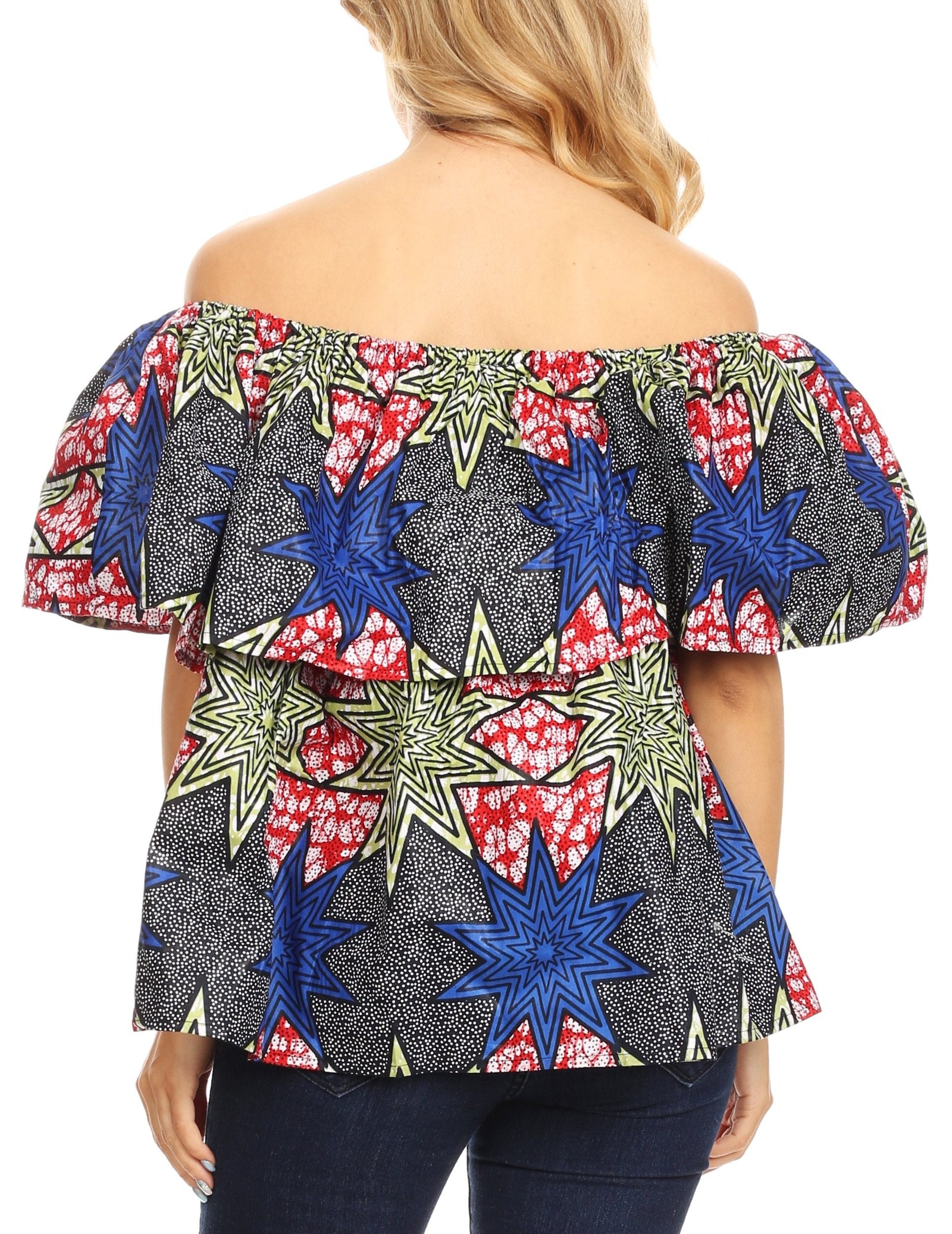 Sakkas Imani Colorful Wax African Ankara Dutch Off-shoulder Blouse Top Gorgeous