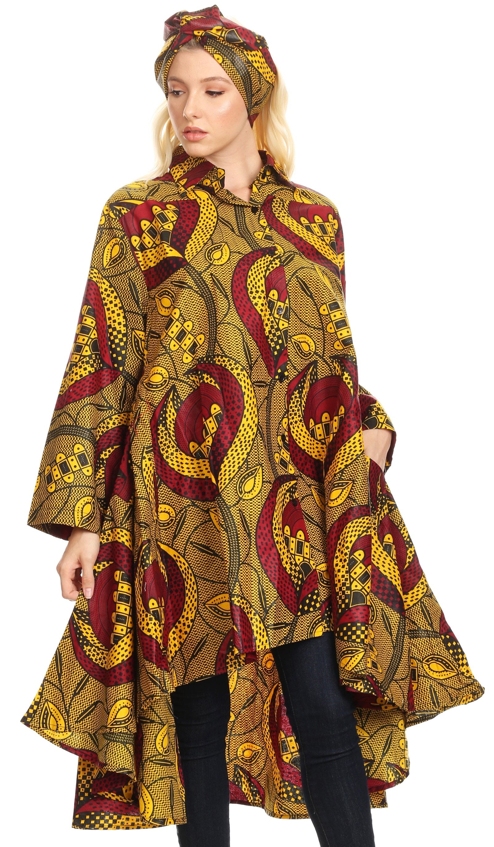 Sakkas Sol Womens Summer Swing Loose Dress African Print Roll up Sleeve Button