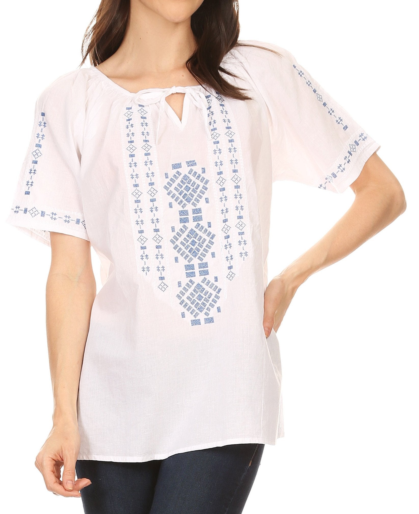 Sakkas Lena Cross Stitch Embroidered Short Sleeve  Casual Top Blouse