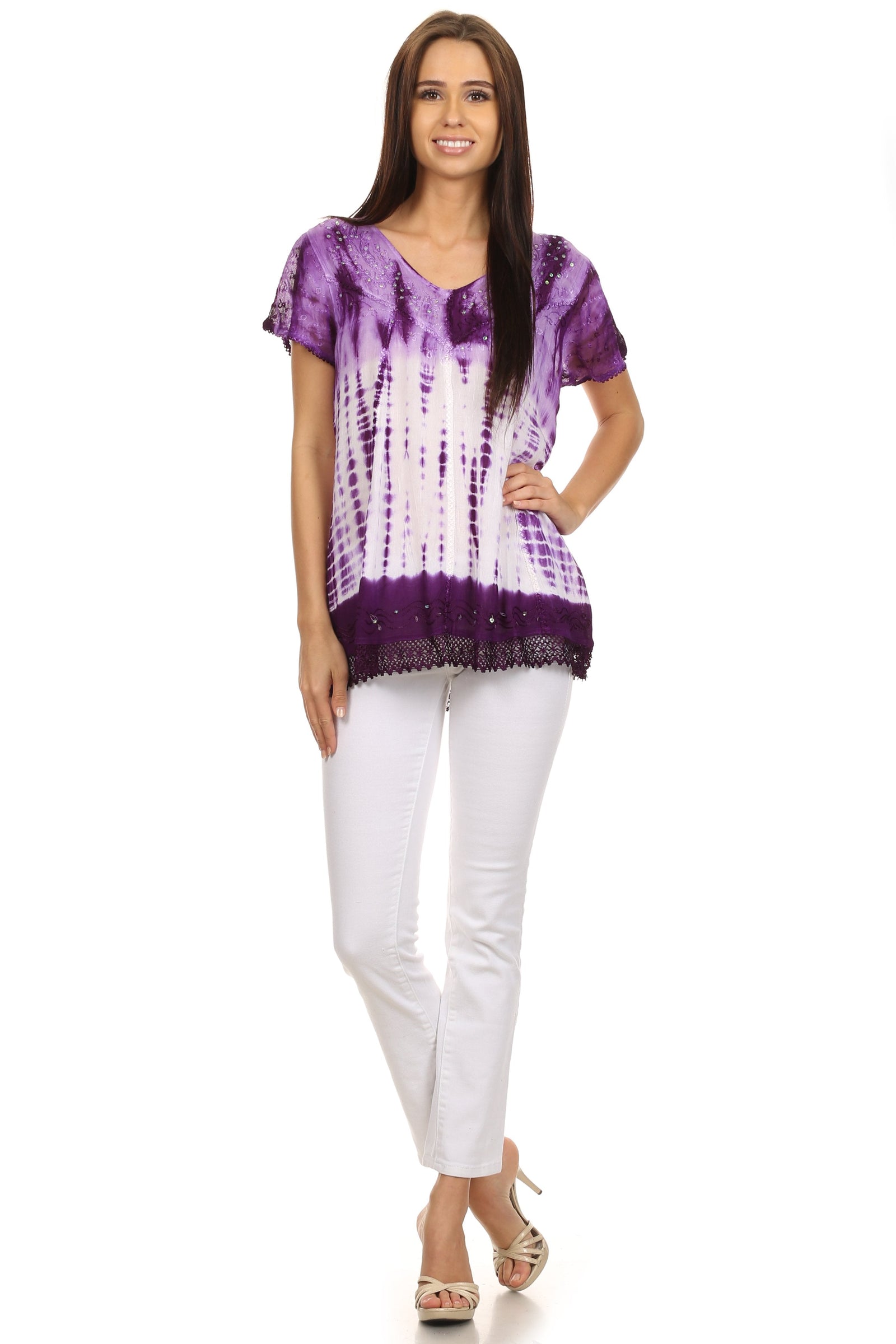 Sakkas Violet Embroidery Tie Dye Sequin Accents Blouse / Top