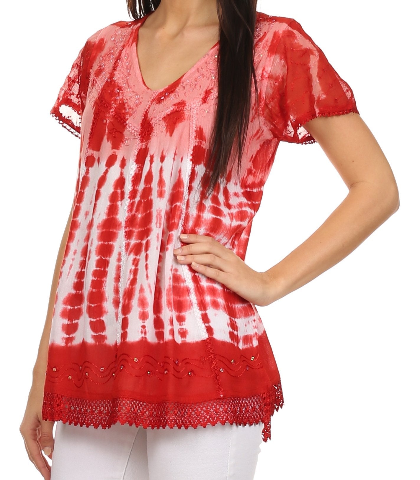 Sakkas Violet Embroidery Tie Dye Sequin Accents Blouse / Top