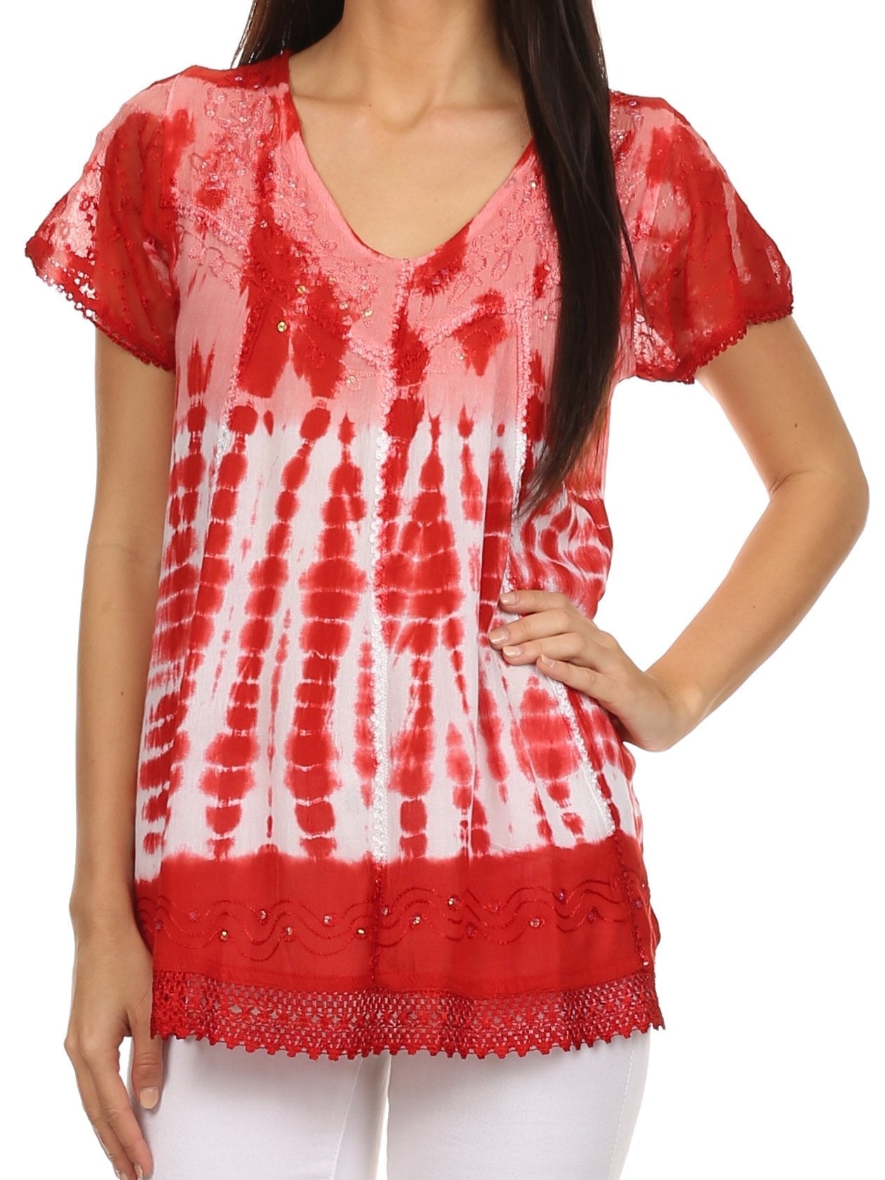 Sakkas Violet Embroidery Tie Dye Sequin Accents Blouse / Top