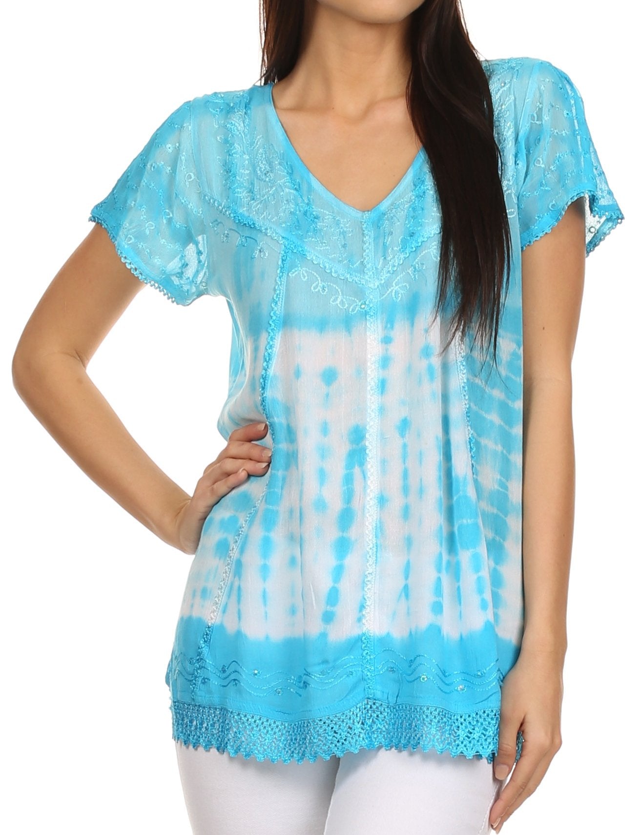 Sakkas Violet Embroidery Tie Dye Sequin Accents Blouse / Top