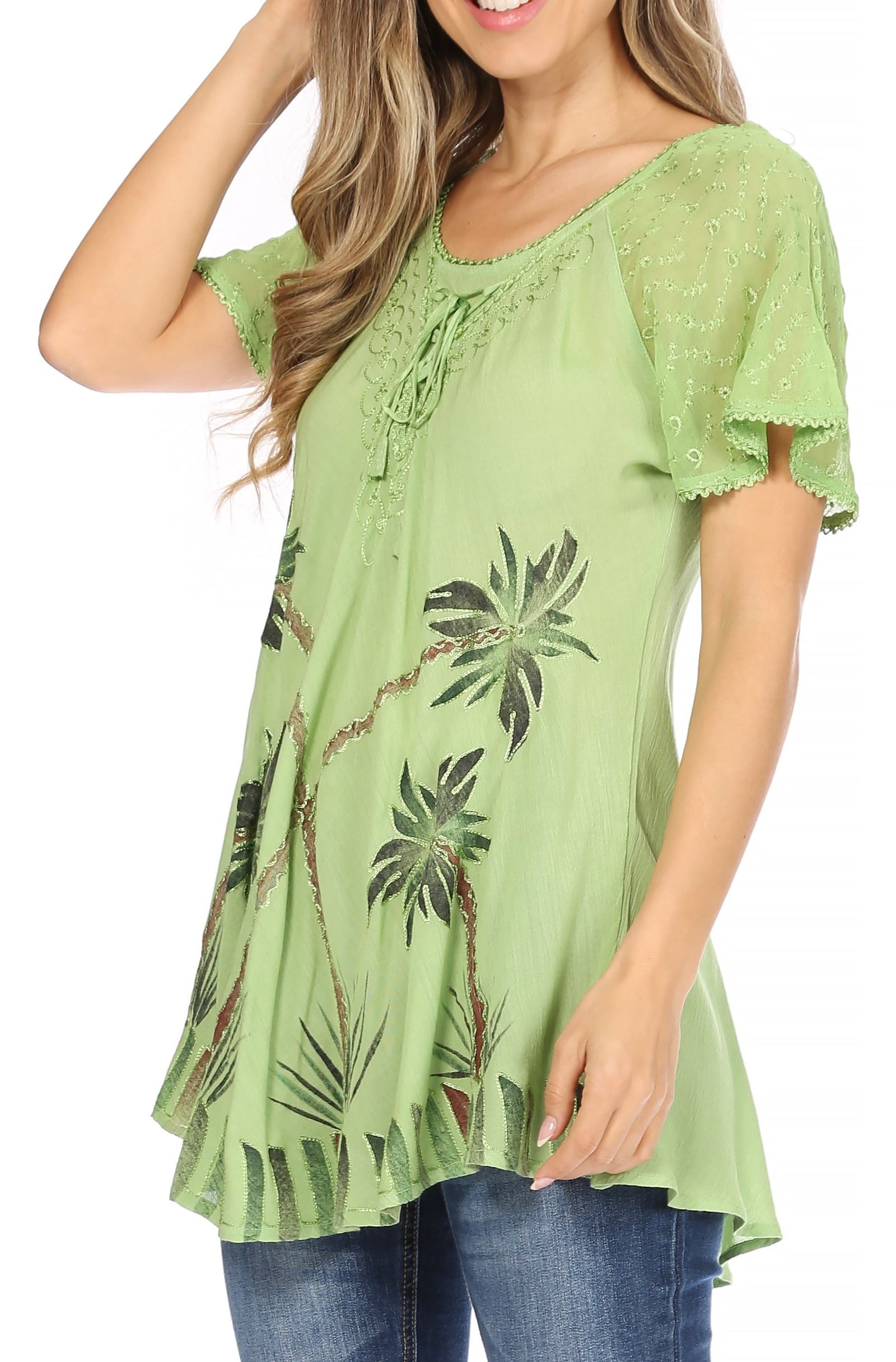 Sakkas Albina Island Relaxed Fit Embroidery Cap Sleeves Blouse / Top