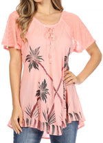 Sakkas Albina Island Relaxed Fit Embroidery Cap Sleeves Blouse / Top