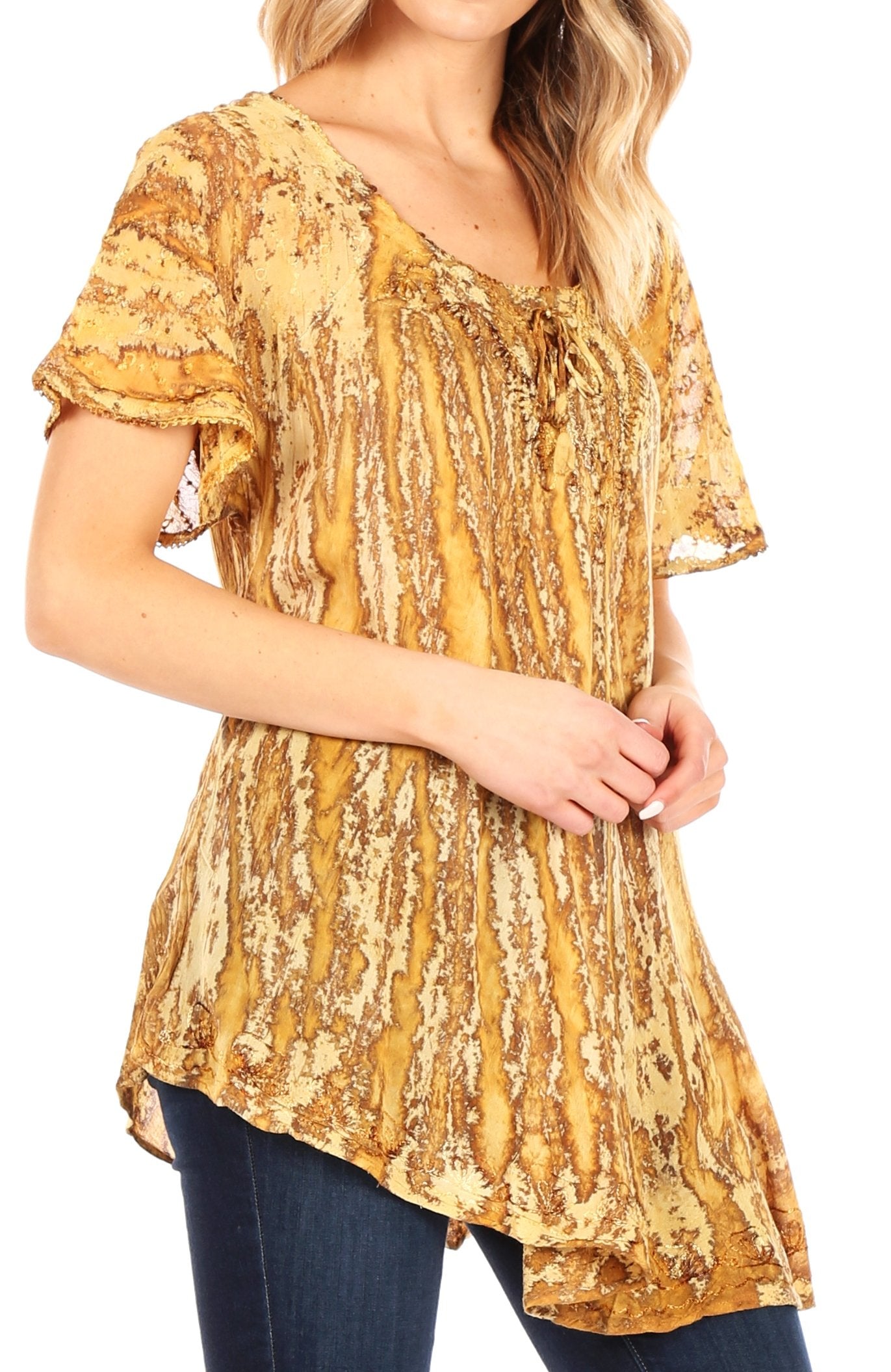 Sakkas Zoya Marbled Embroidery  Cap Sleeves Blouse / Top