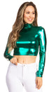 Sakkas Metallic Liquid Mock Neck Turtleneck Long Sleeve Crop Top - Made in USA