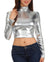 Sakkas Metallic Liquid Mock Neck Turtleneck Long Sleeve Crop Top - Made in USA