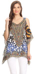 Sakkas Saanvi Printed Draped Short Sleeve Strap Cutout Shoulder V-Neck Kaftan Top