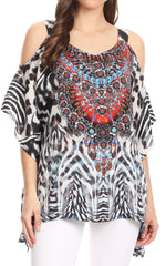 Sakkas Saanvi Printed Draped Short Sleeve Strap Cutout Shoulder V-Neck Kaftan Top