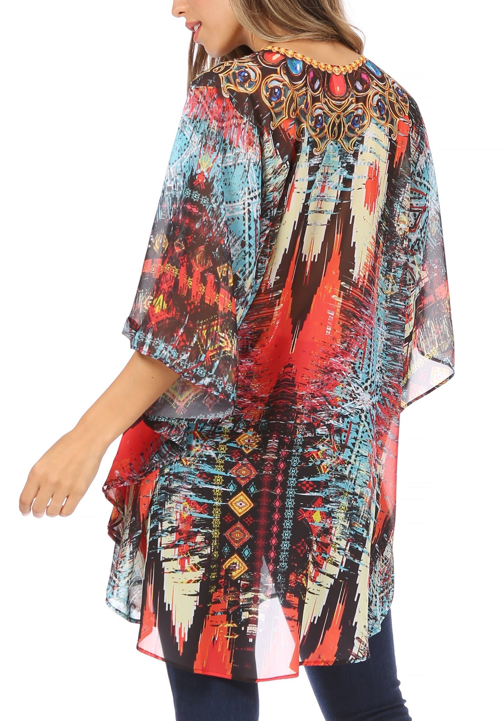 Sakkas Sloane Women's Printed V Neck Loose Fit Casual Circle Top Blouse with Ties