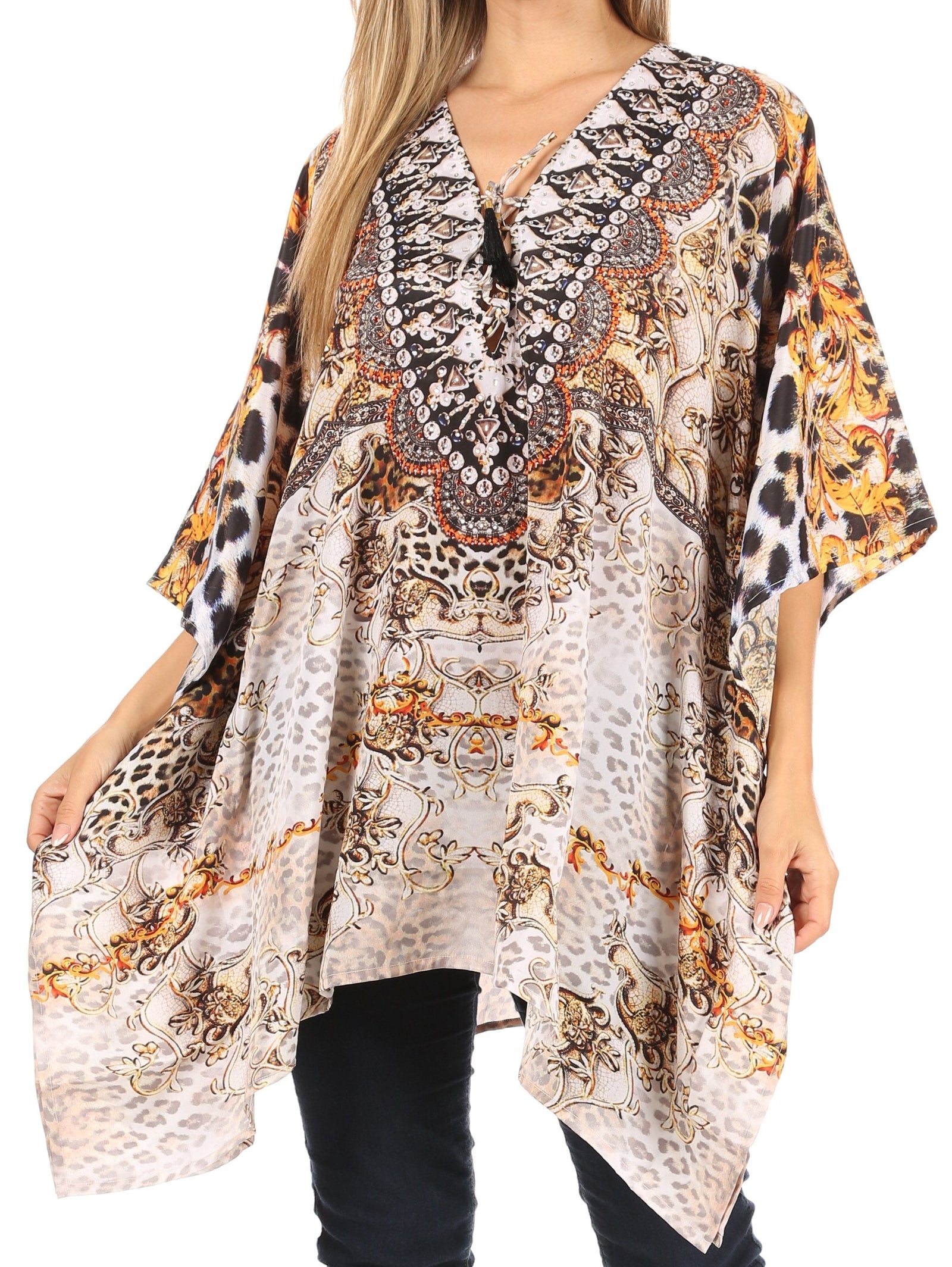 Stylish Rhinestone Lace-Up V-Neck Women's Caftan Poncho Cover-Up by Sakkas Aymee
