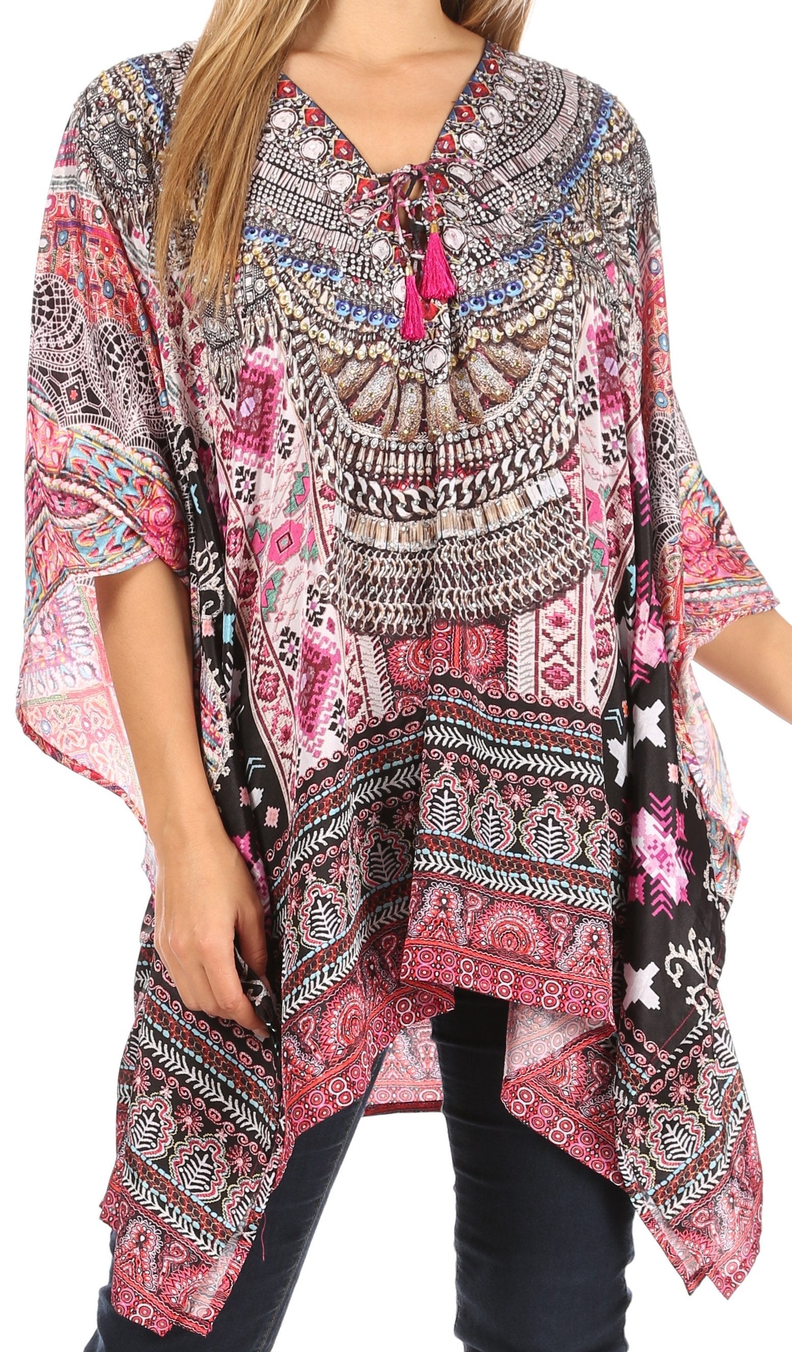 Stylish Rhinestone Lace-Up V-Neck Women's Caftan Poncho Cover-Up by Sakkas Aymee