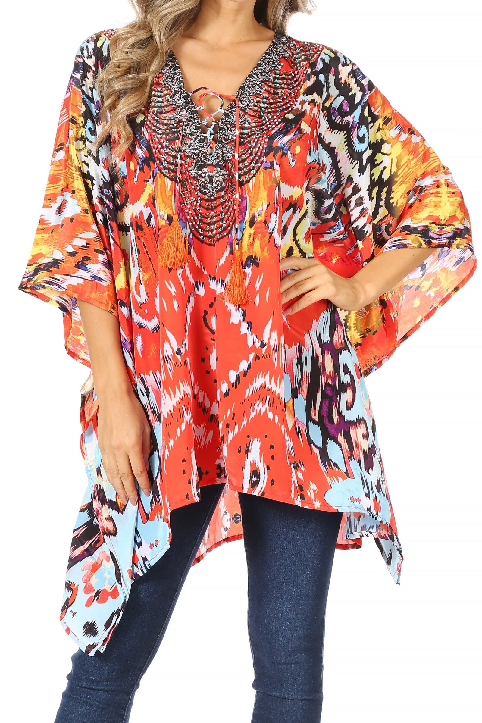 Stylish Rhinestone Lace-Up V-Neck Women's Caftan Poncho Cover-Up by Sakkas Aymee