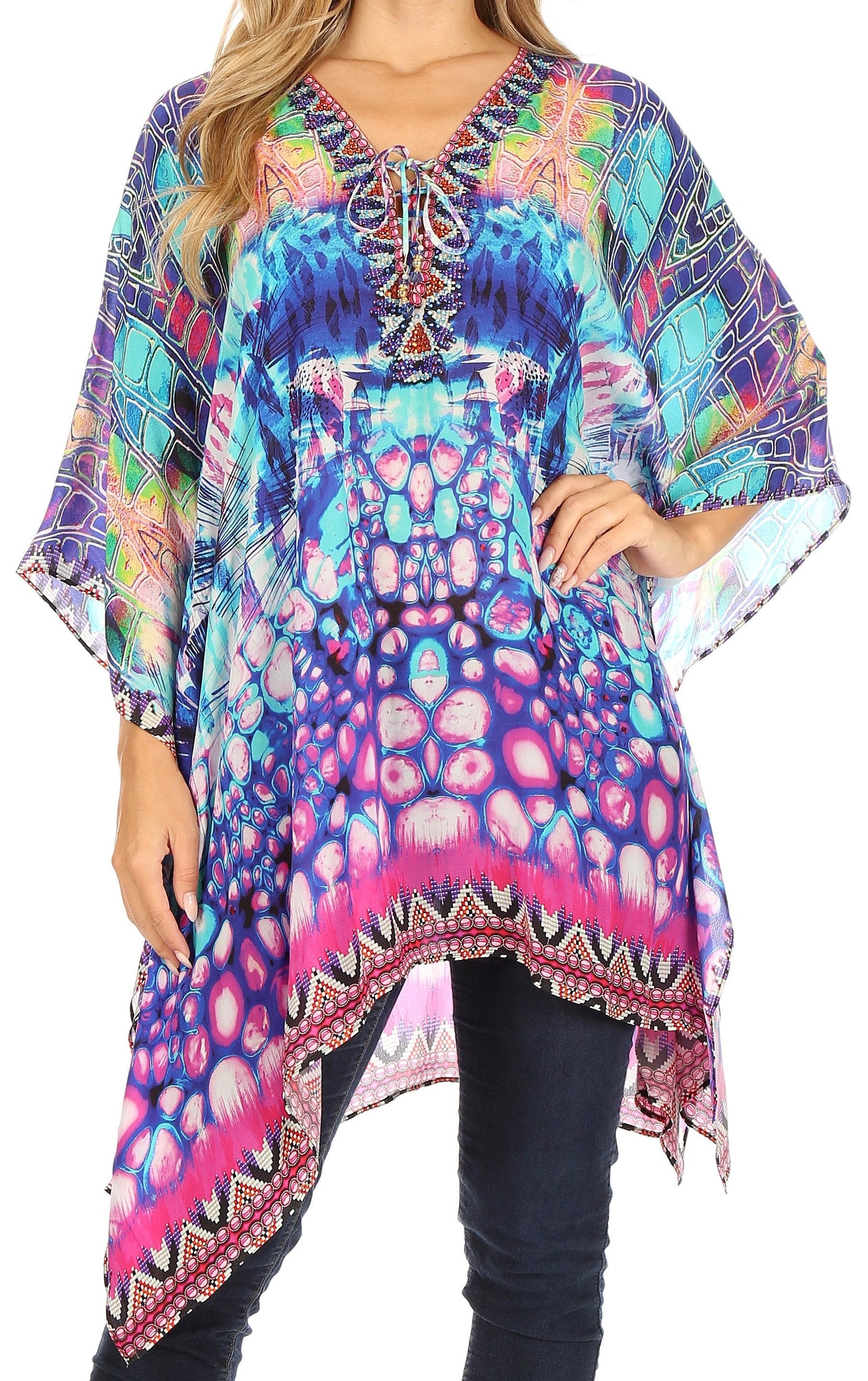 Stylish Rhinestone Lace-Up V-Neck Women's Caftan Poncho Cover-Up by Sakkas Aymee
