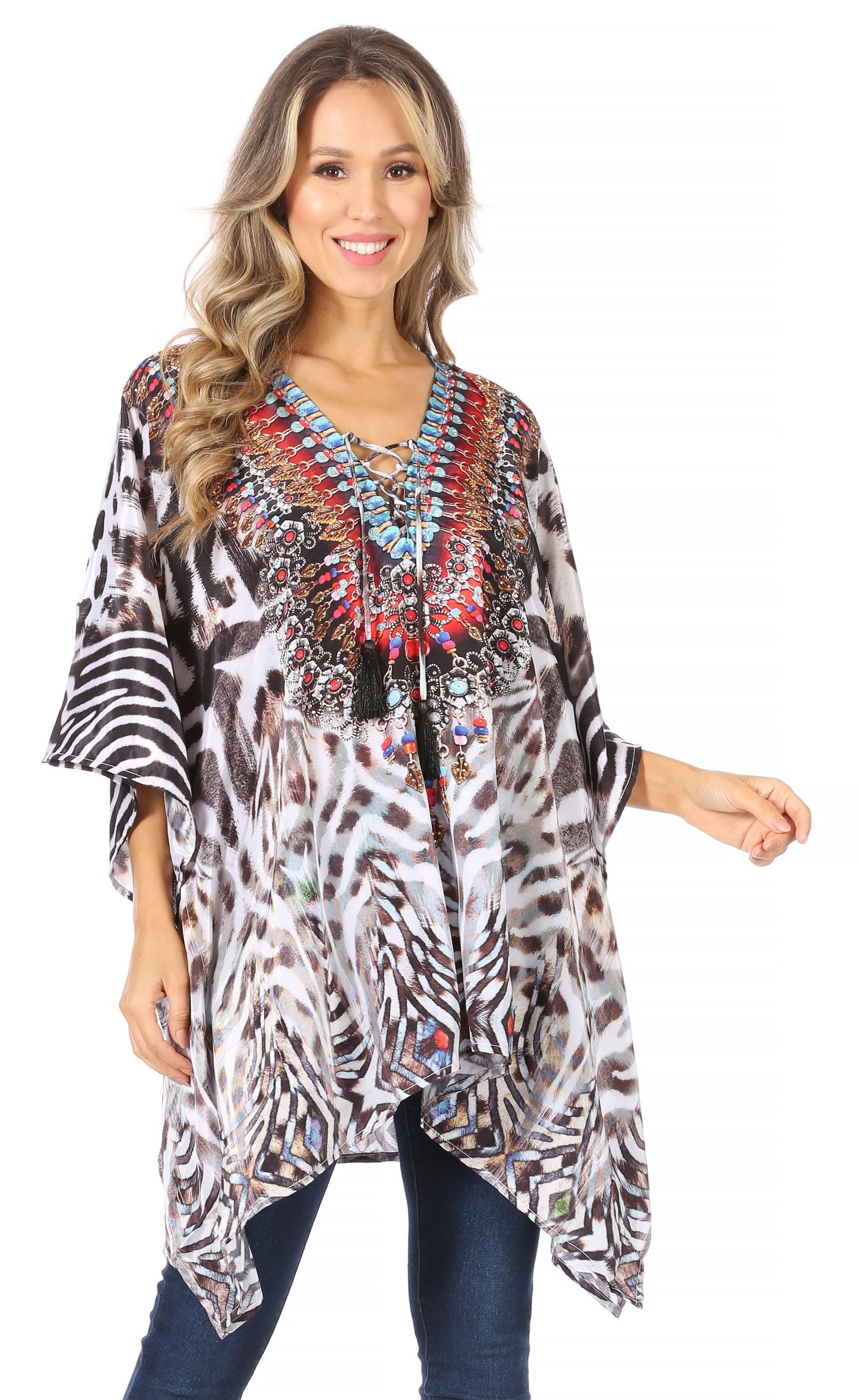Stylish Rhinestone Lace-Up V-Neck Women's Caftan Poncho Cover-Up by Sakkas Aymee
