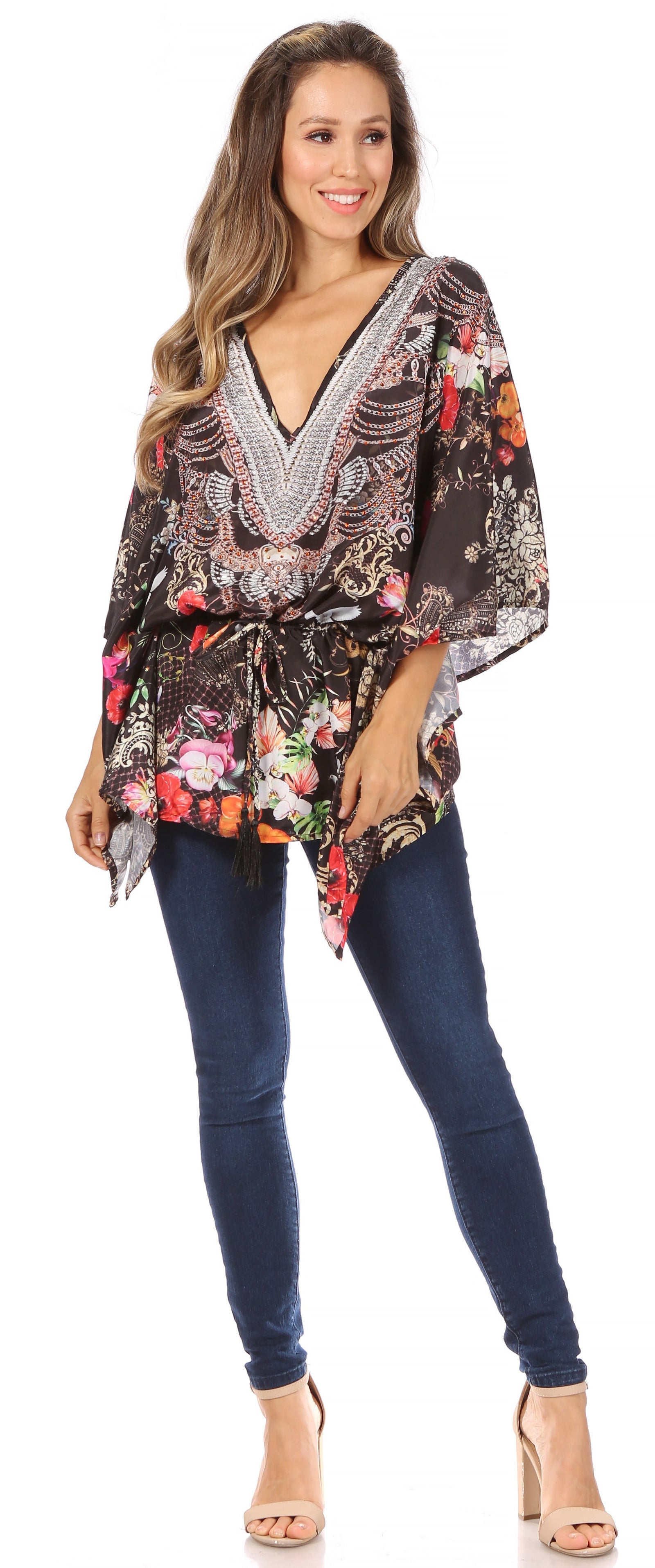 Sakkas Danis Women's Oversized Casual Pullover V-neck Short Sleeve Boho Top Blouse