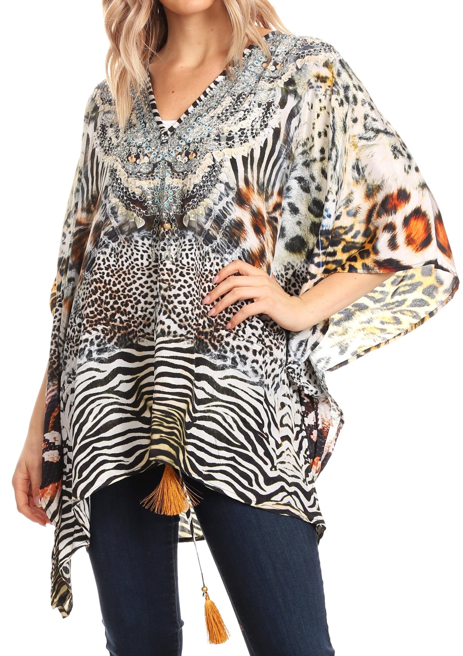 Sakkas Danis Women's Oversized Casual Pullover V-neck Short Sleeve Boho Top Blouse