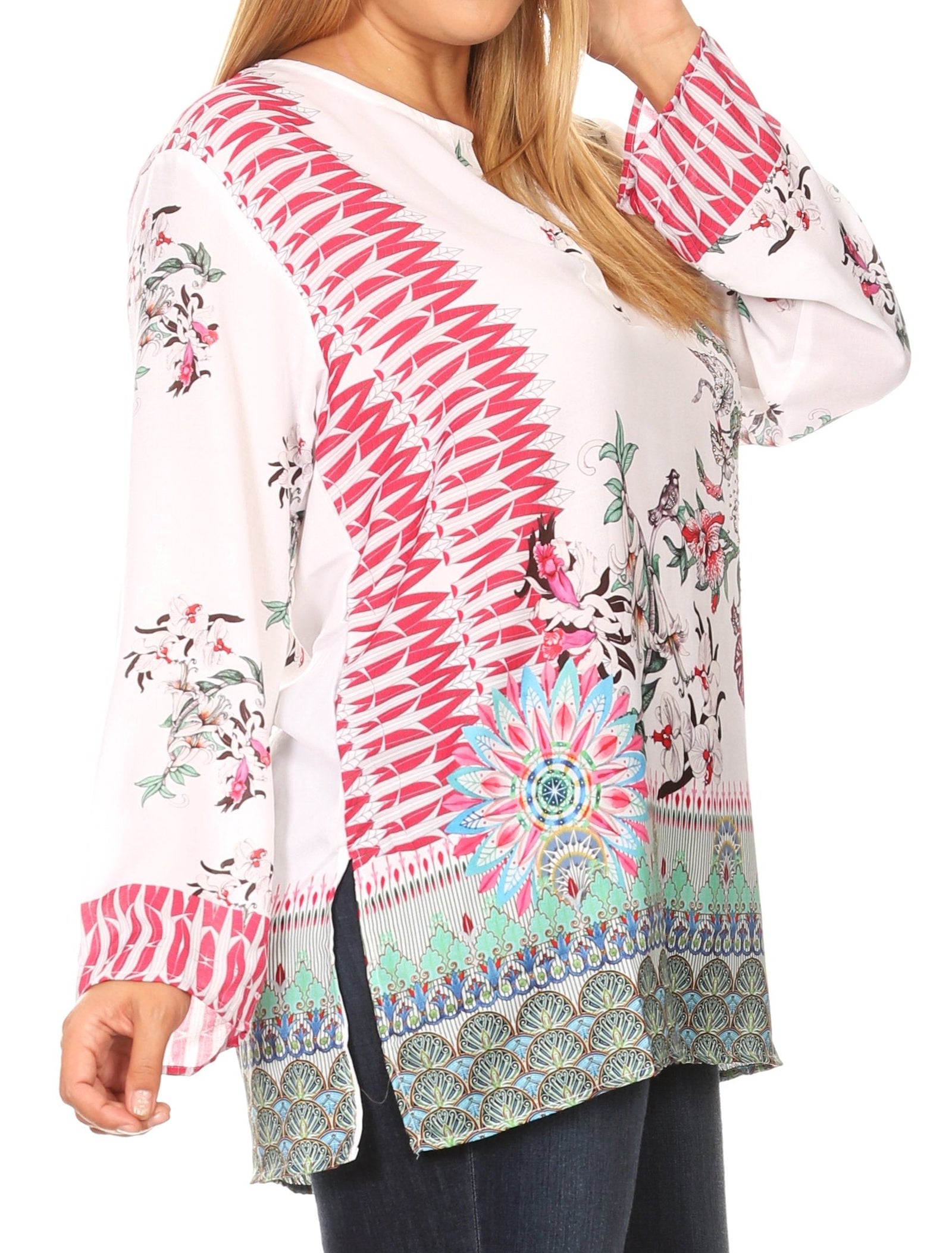 Sakkas Linea Women's Casual Floral Print Long Sleeve Swing Boho Pullover Tunic Top