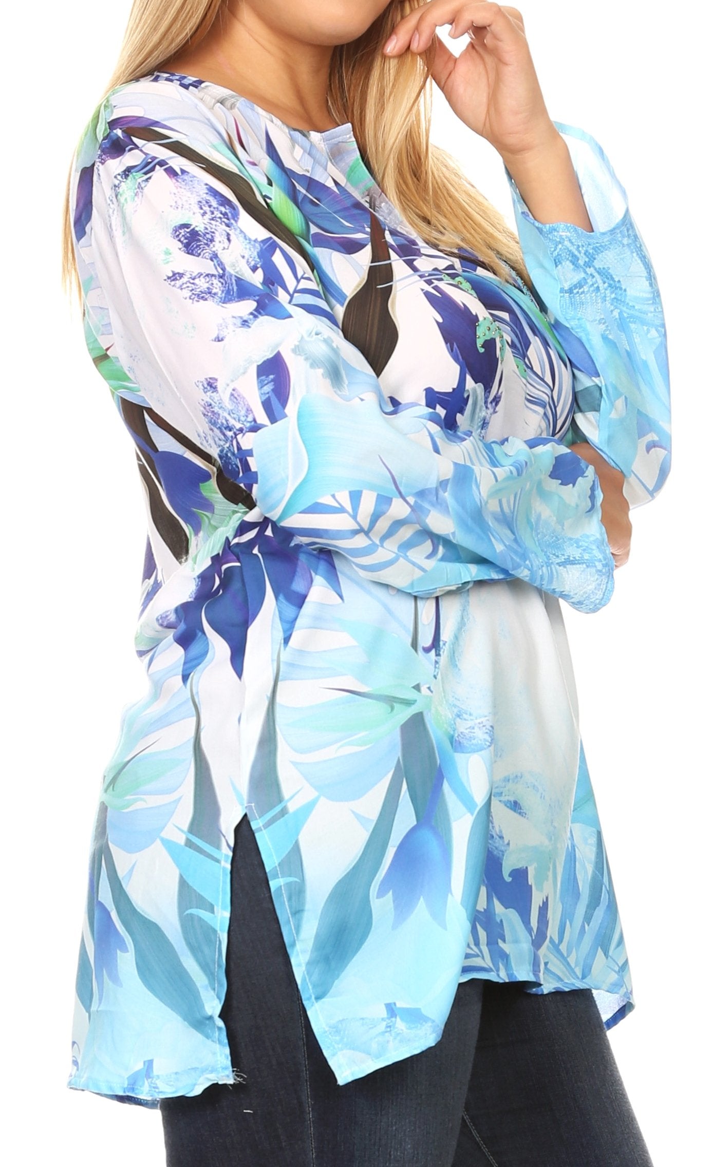 Sakkas Linea Women's Casual Floral Print Long Sleeve Swing Boho Pullover Tunic Top