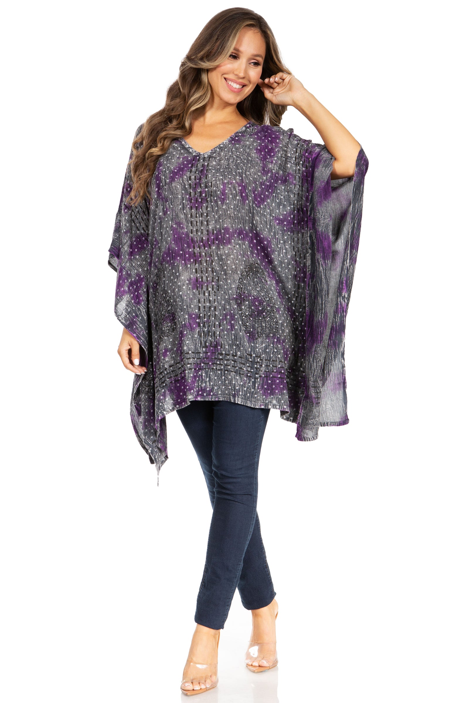 Sakkas Adalwin Third Tie Dye Desert Sun Circle Ponch Tunic Top Blouse W/Embroidery