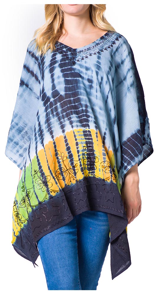 Sakkas Eliana Wide Long Tall Embroidered Tie Dye Ombre Batik Poncho Top Blouse