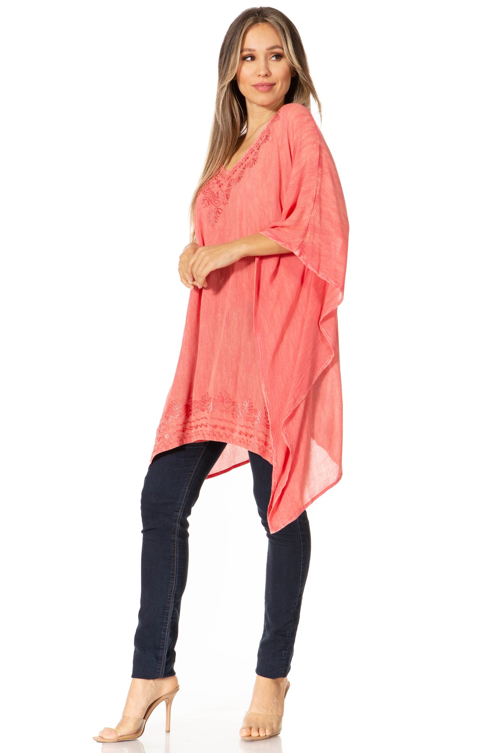Sakkas Wren Lightweight Circle Poncho Top Blouse With Detailed Embroidery