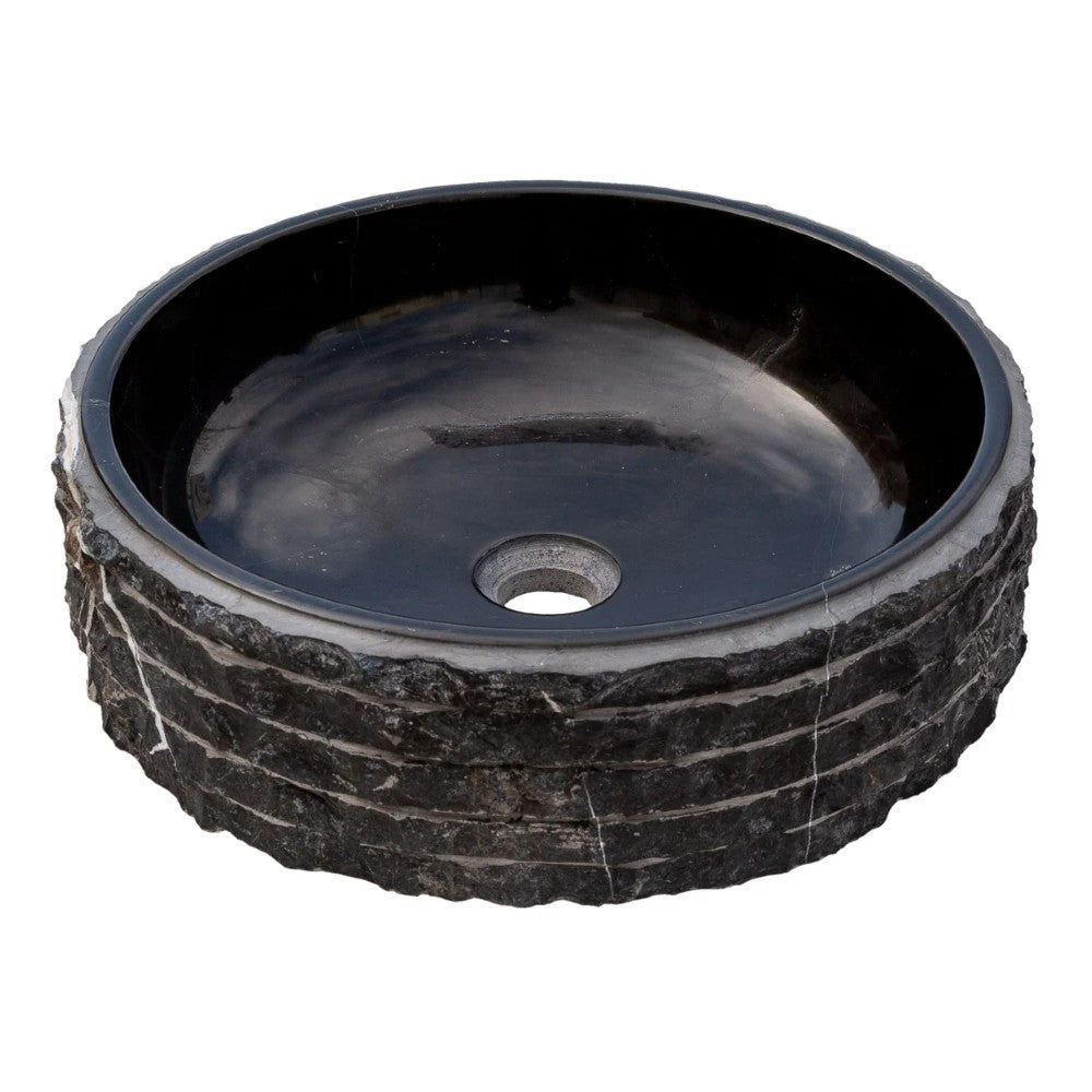 Toros Black Marble Vessel Bathroom Sink Bowl Polished Interior and Combed/Rough Exterior (D)16