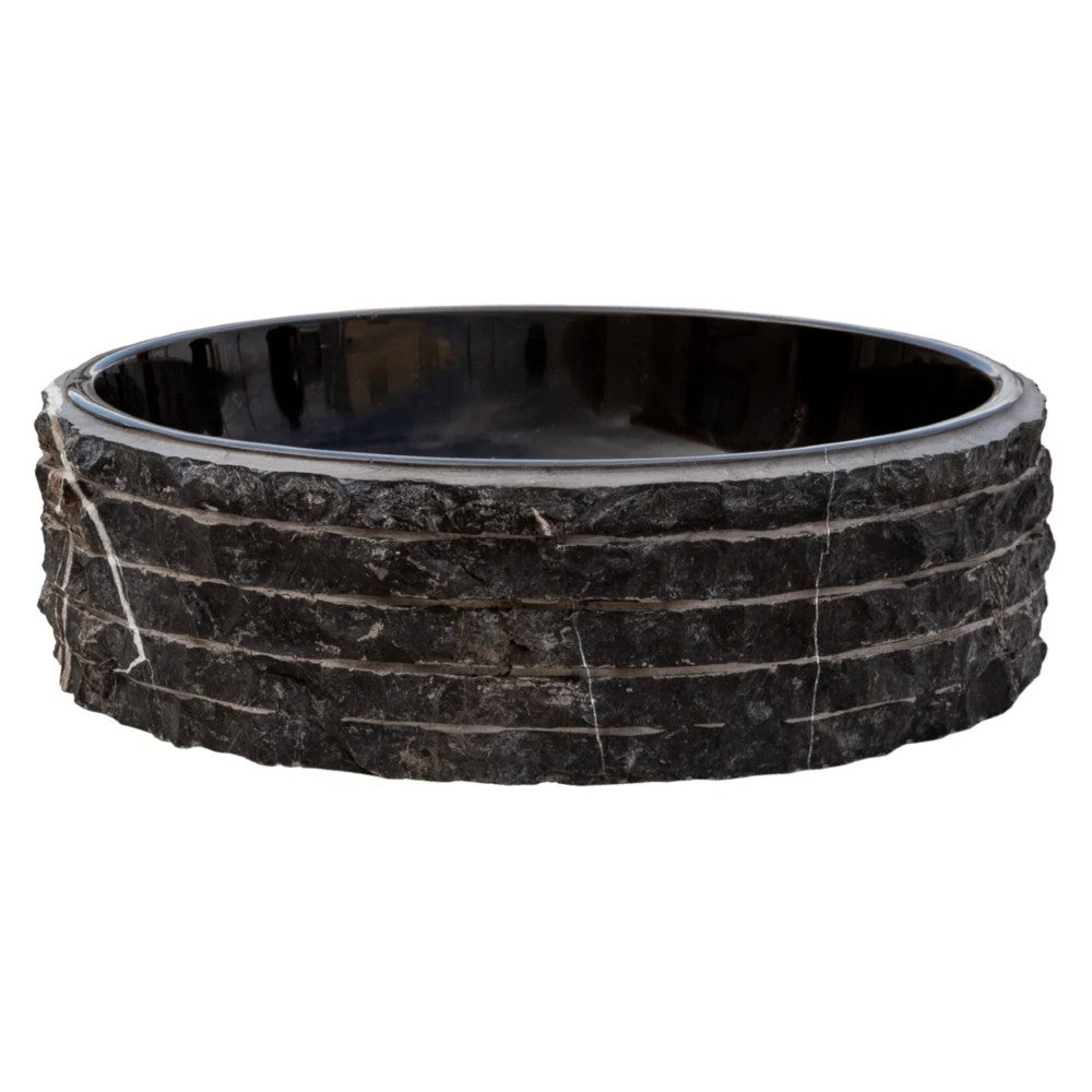 Toros Black Marble Vessel Bathroom Sink Bowl Polished Interior and Combed/Rough Exterior (D)16