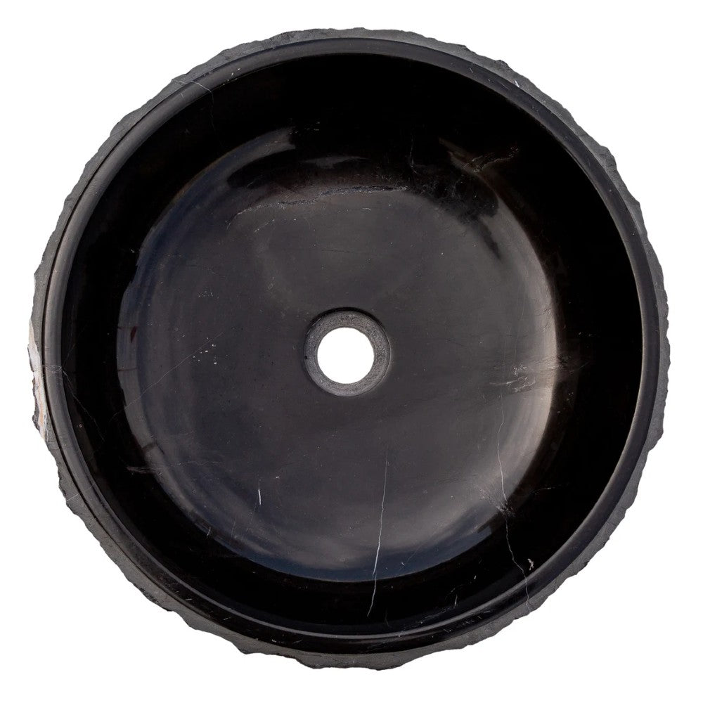 Toros Black Marble Vessel Bathroom Sink Bowl Polished Interior and Combed/Rough Exterior (D)16