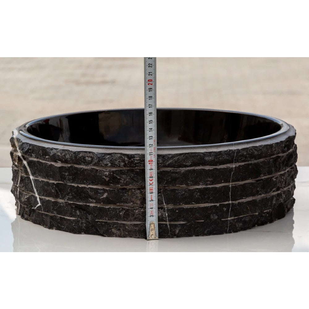Toros Black Marble Vessel Bathroom Sink Bowl Polished Interior and Combed/Rough Exterior (D)16